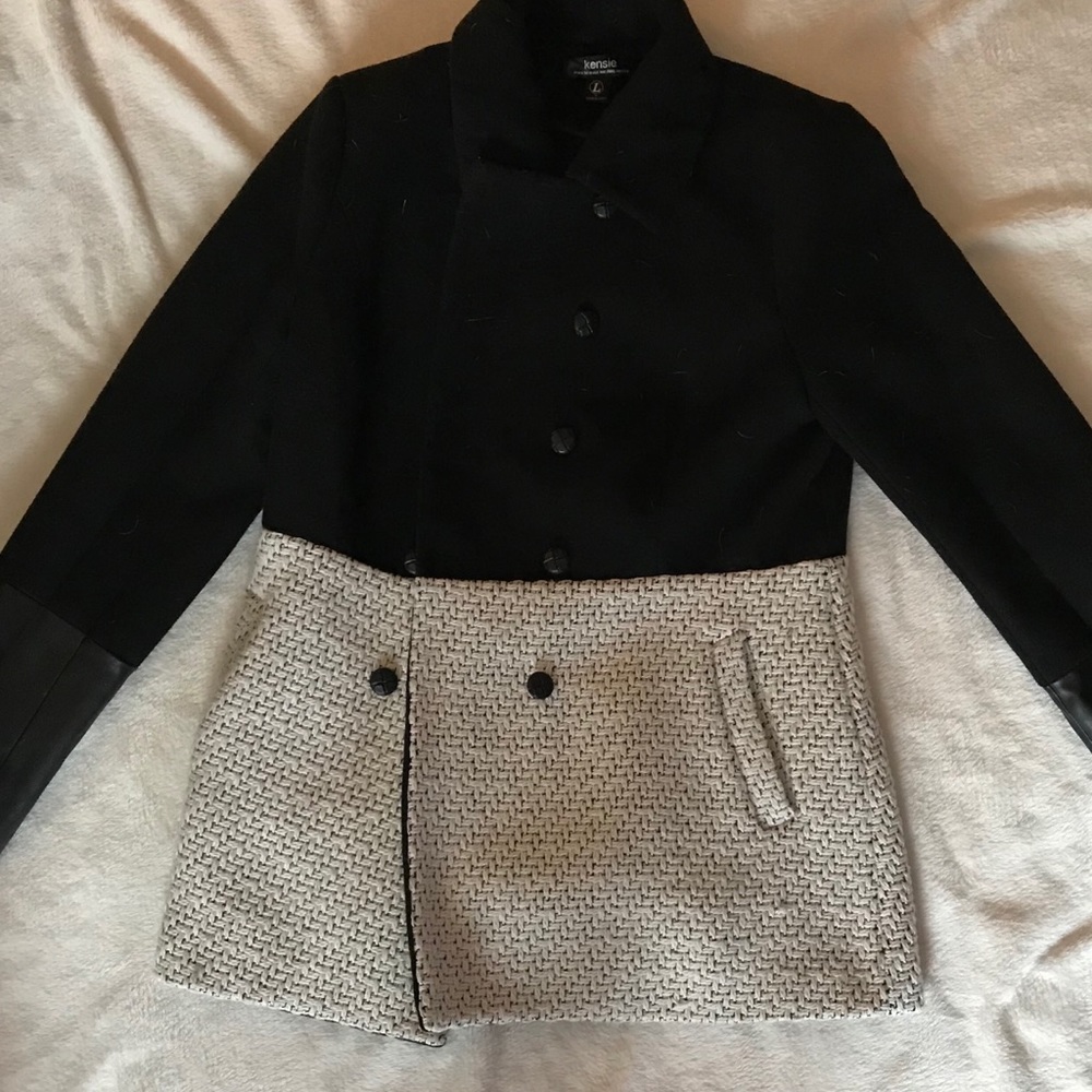 Black and White Pea Coat with Leather Detail
